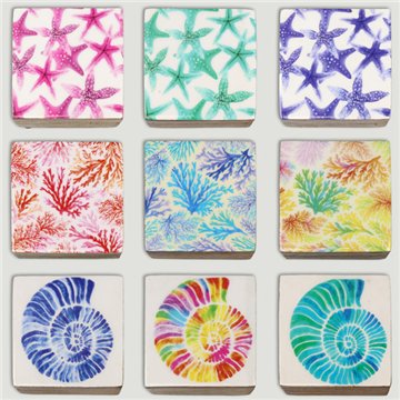 Caja cuadrada madera mango. Modelo Estampación mar. 10x10x5cm