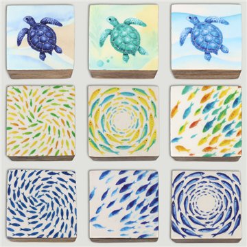 Caja cuadrada madera mango. Modelo Peces y Tortugas. 10x10x5cm