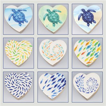 Caja corazón madera mango. Modelo Peces y Tortugas. 11x11x5cm