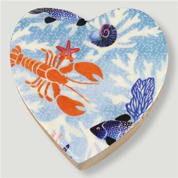 Boîte en forme de cœur en bois de manguier. Motif animaux. 11 x 11 x 5 cm