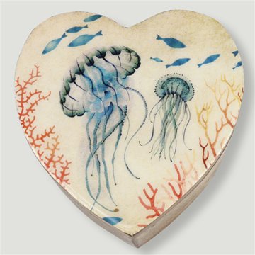 Boîte en forme de cœur en bois de manguier. Motif animaux. 11 x 11 x 5 cm