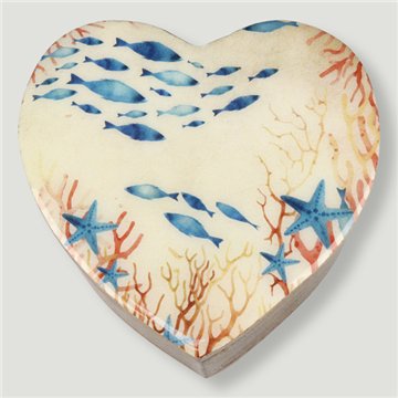 Boîte en forme de cœur en bois de manguier. Motif animaux. 11 x 11 x 5 cm