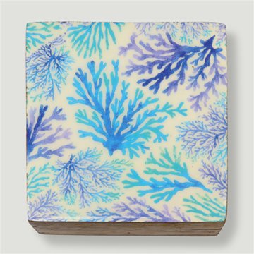 Boîte carrée en bois de manguier. Motif paysage marin. 10 x 10 x 5 cm