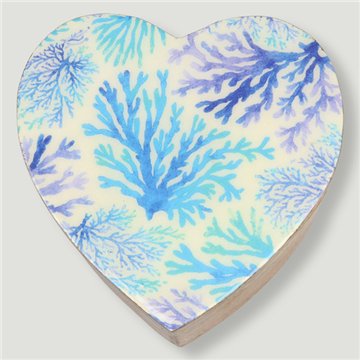 Boîte en forme de cœur en bois de manguier. Motif paysage marin. 11 x 11 x 5 cm