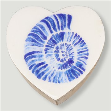 Boîte en forme de cœur en bois de manguier. Motif paysage marin. 11 x 11 x 5 cm