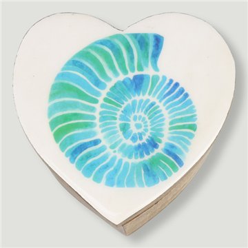 Boîte en forme de cœur en bois de manguier. Motif paysage marin. 11 x 11 x 5 cm