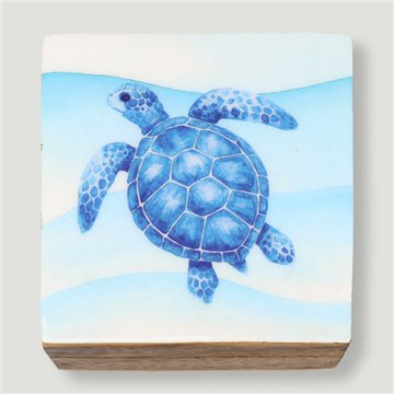 Boîte carrée en bois de manguier. Motif poissons et tortues. 10 x 10 x 5 cm