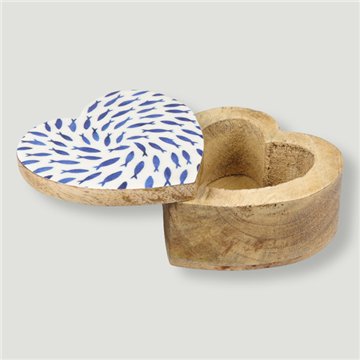 Mango wood heart-shaped box. Fish and Turtles design. 11x11x5cm