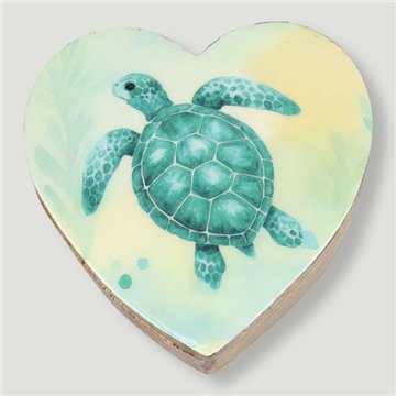 Caja corazón madera mango. Modelo Peces y Tortugas. 11x11x5cm