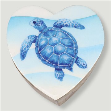 Mango wood heart-shaped box. Fish and Turtles design. 11x11x5cm