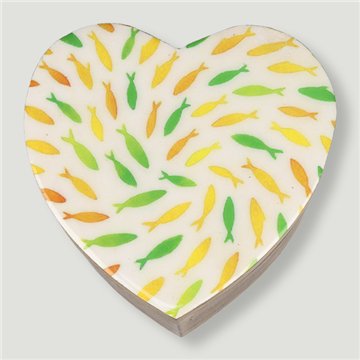 Caja corazón madera mango. Modelo Peces y Tortugas. 11x11x5cm