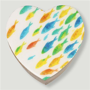 Mango wood heart-shaped box. Fish and Turtles design. 11x11x5cm