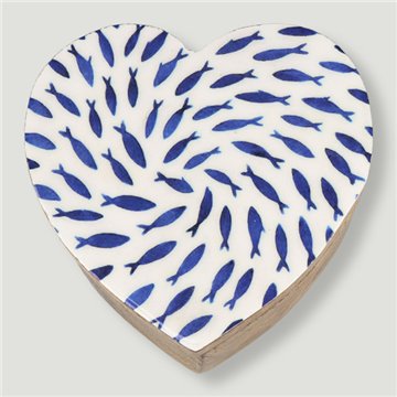 Mango wood heart-shaped box. Fish and Turtles design. 11x11x5cm