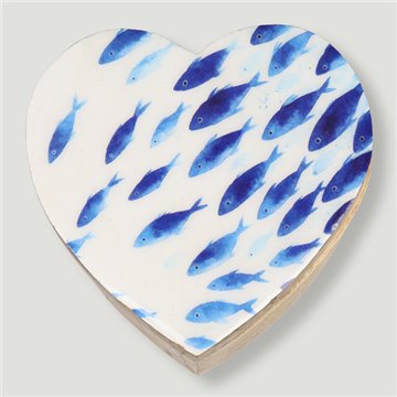 Mango wood heart-shaped box. Fish and Turtles design. 11x11x5cm