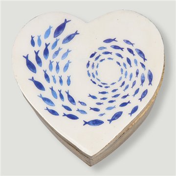 Mango wood heart-shaped box. Fish and Turtles design. 11x11x5cm