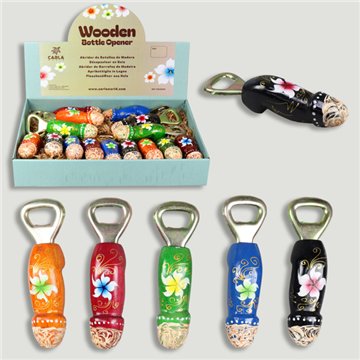 WOODEN SOUVENIR. Ouvre-bouteille en bois. Fleurs colorées