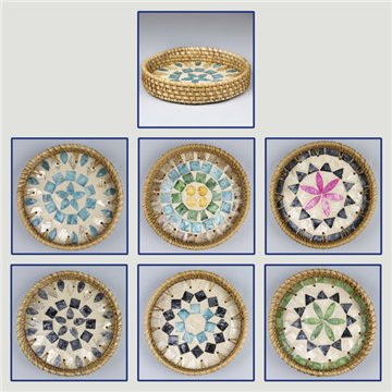 Bandeja de bambu + rattan com madrepérola. Modelo 01, 02, 03. 15x3 cm