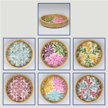 Bandeja de bambu + rattan com madrepérola. Modelo 04, 05, 06. 15x3 cm