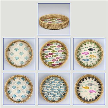 Bandeja de bambu + rattan com madrepérola. Modelo 19 + peixes. 15x3 cm