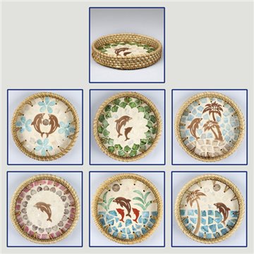Bandeja Bambú + ratán con nácar. Modelo delfines. 15x3cm