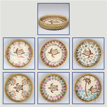 Bandeja de bambu + rattan com madrepérola. Modelo tartarugas. 15x3 cm