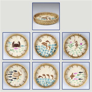 Bandeja Bambú + ratán con nácar. Modelo animals marinos. 15x3cm