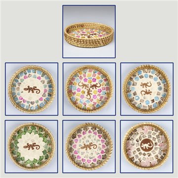 Bandeja de bambu + rattan com madrepérola. Modelo gecko. 15x3 cm