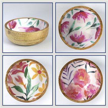Tigela de madeira de manga com esmalte. Modelo flores. 13x5 cm
