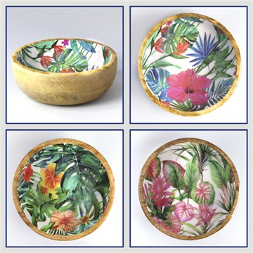 Tigela de madeira de manga com esmalte. Modelo tropical. 13x5 cm