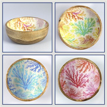 Tigela de madeira de manga com esmalte. Modelo coral. 13x5 cm