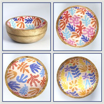 Tigela de madeira de manga com esmalte. Modelo corais. 13x5 cm