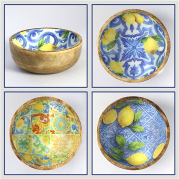 Tigela de madeira de manga com esmalte. Modelo limão + mosaico. 13x5 cm