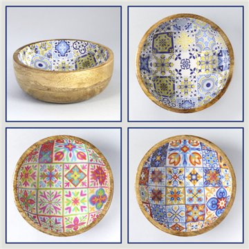 Tigela de madeira de manga com esmalte. Modelo mosaico. 13x5 cm