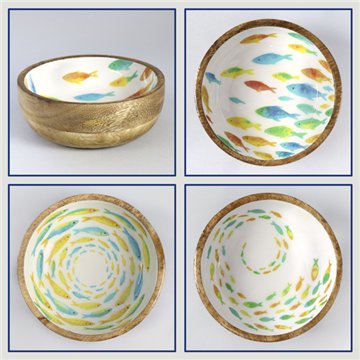 Tigela de madeira de manga com esmalte. Modelo peixes. 13x5 cm