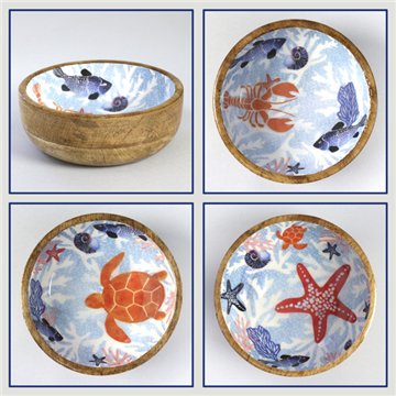 Tigela de madeira de manga com esmalte. Modelo marinho. 13x5 cm