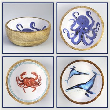 Tigela de madeira de manga com esmalte. Modelo marinho. 13x5 cm