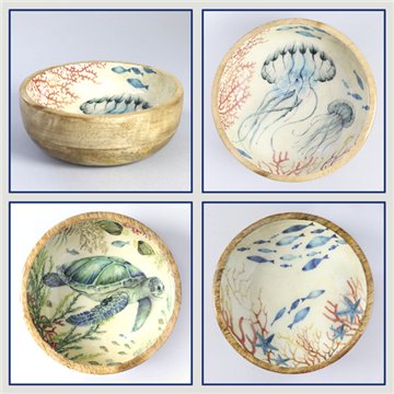 Tigela de madeira de manga com esmalte. Modelo mandalas. 13x5 cm