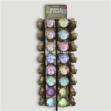 BOWLS & TRAYS. Display stand with 216 pieces