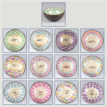 Coconut bowl + mother of pearl. Gecko model 02. 13x5cm