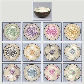 Coconut bowl + mother of pearl. Flowers model. 13x5cm