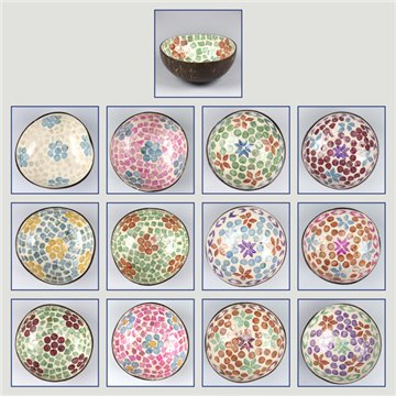 Coconut bowl + mother of pearl. Flowers model 02. 13x5cm