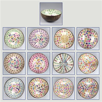 Coconut bowl + mother of pearl. Fish/teardrops/dots/hearts model. 13x5cm