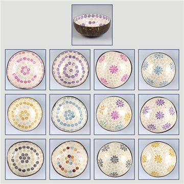 Coconut bowl + mother of pearl. Flowers/dots model. 13x5cm