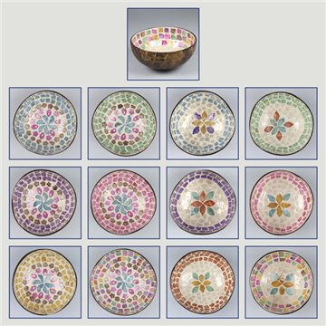 Coconut bowl + mother of pearl. Flowers model 03. 13x5cm