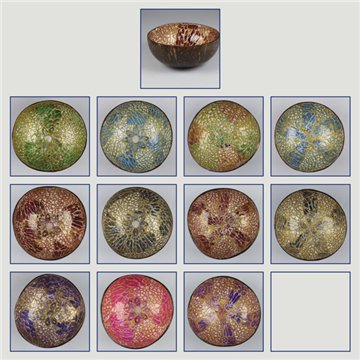 Coconut bowl + mother of pearl. Crackled flowers model. 13x5cm