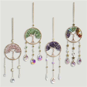mobile en métal avec chips minérales. Arbre avec gouttes en cristal. 9x35 cm