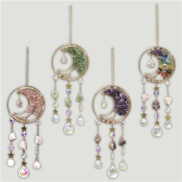 mobile en métal avec chips minérales. Lune avec brut et gouttes. 11x35 cm