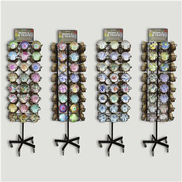 BOWLS & TRAYS. Display stand with 216 pieces