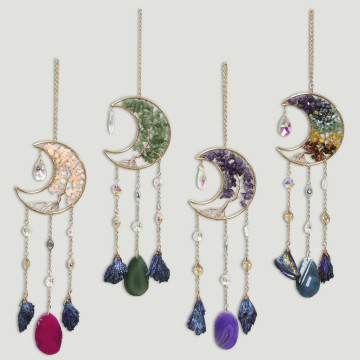 Móvil metal chip mineral. Luna con taramita. 10x35cm