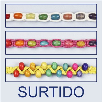 Pulsera cordón. 95. Macramé barril/ discos madera. Surtidas